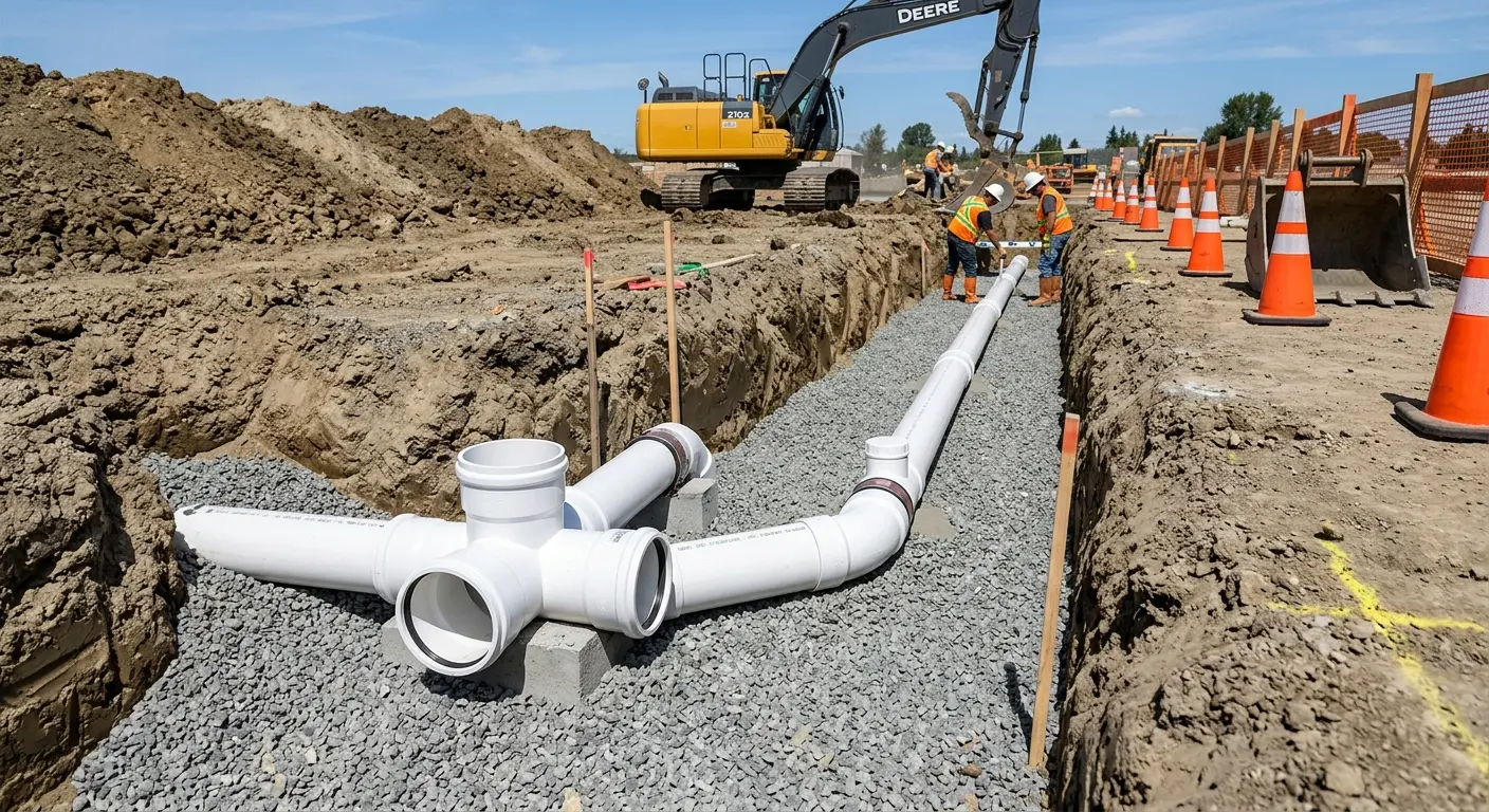 New PVC sewer pipe installation in open trench for Sewer Backup in Naugatuck