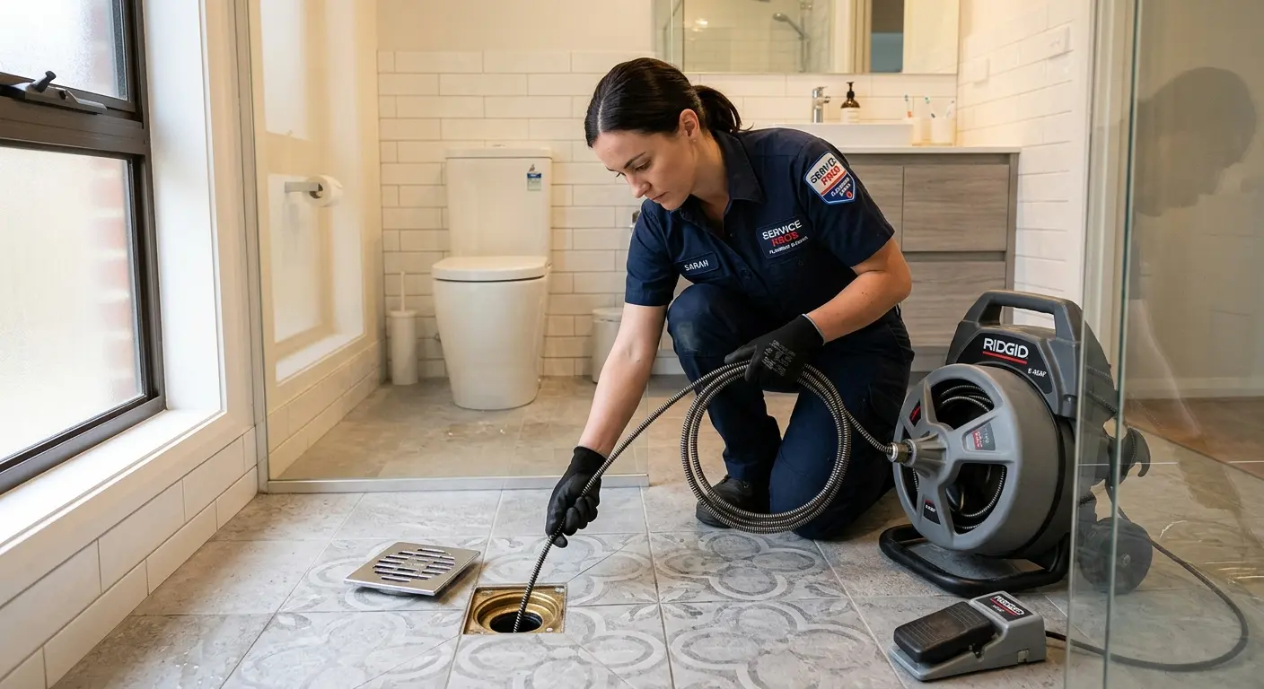 Technician clearing a bathroom floor drain for Sewer Line Replacement in Naugatuck
